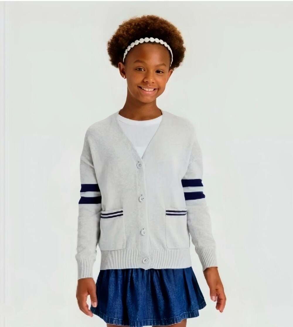 Cat & Jack Girls' Heather Gray Varsity Cardigan Sweater with Navy Stripes Size X